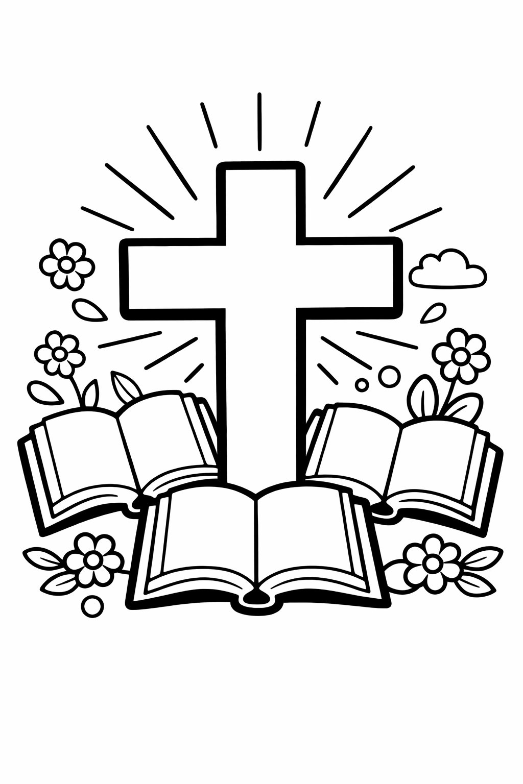 A large cross surrounded by open scripture books with small flowers and rays of light around them.