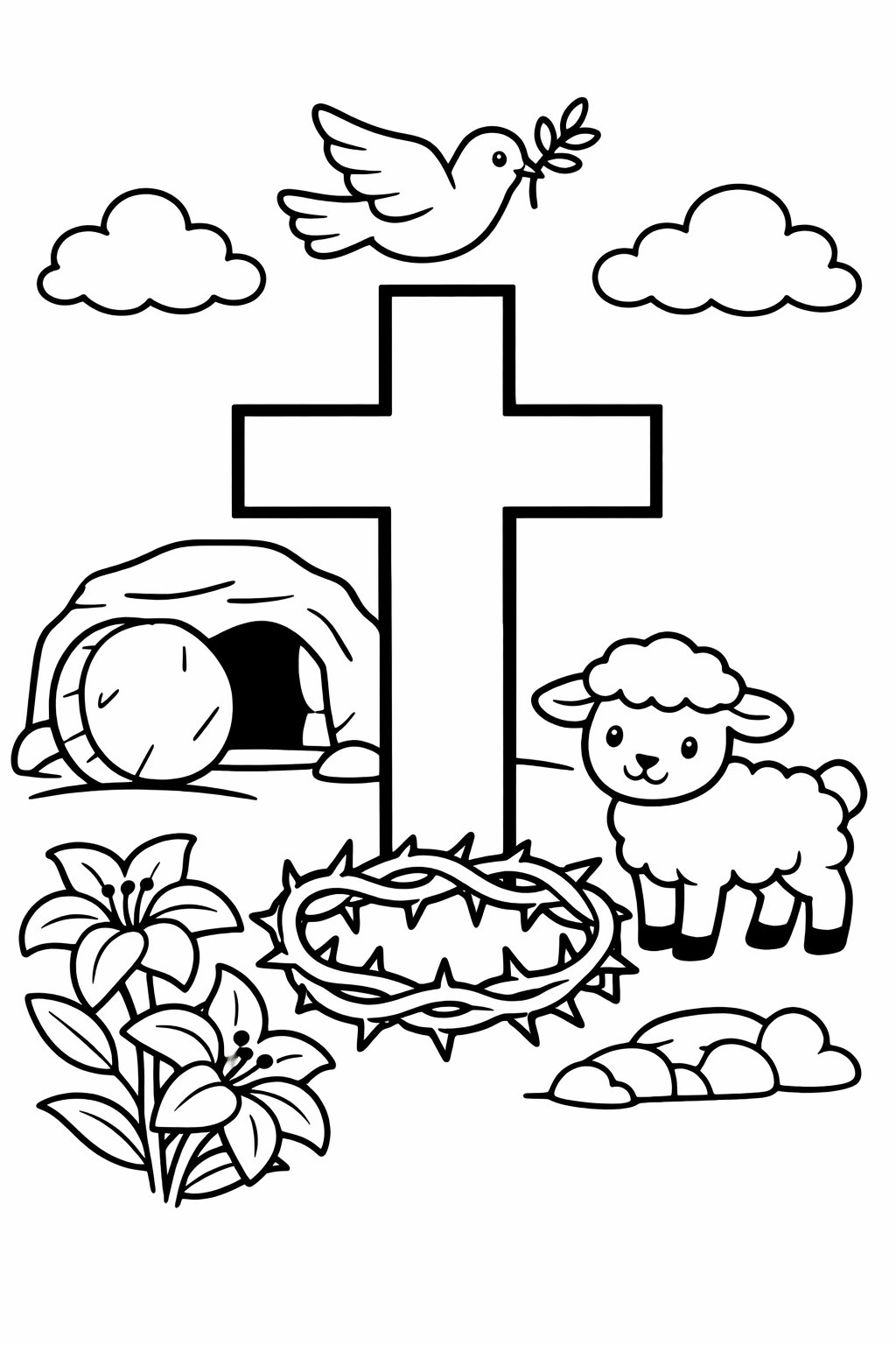 A coloring page showing a large cross surrounded by a crown of thorns, an empty tomb with the stone rolled away, a lamb, lilies, and a dove above the cross.