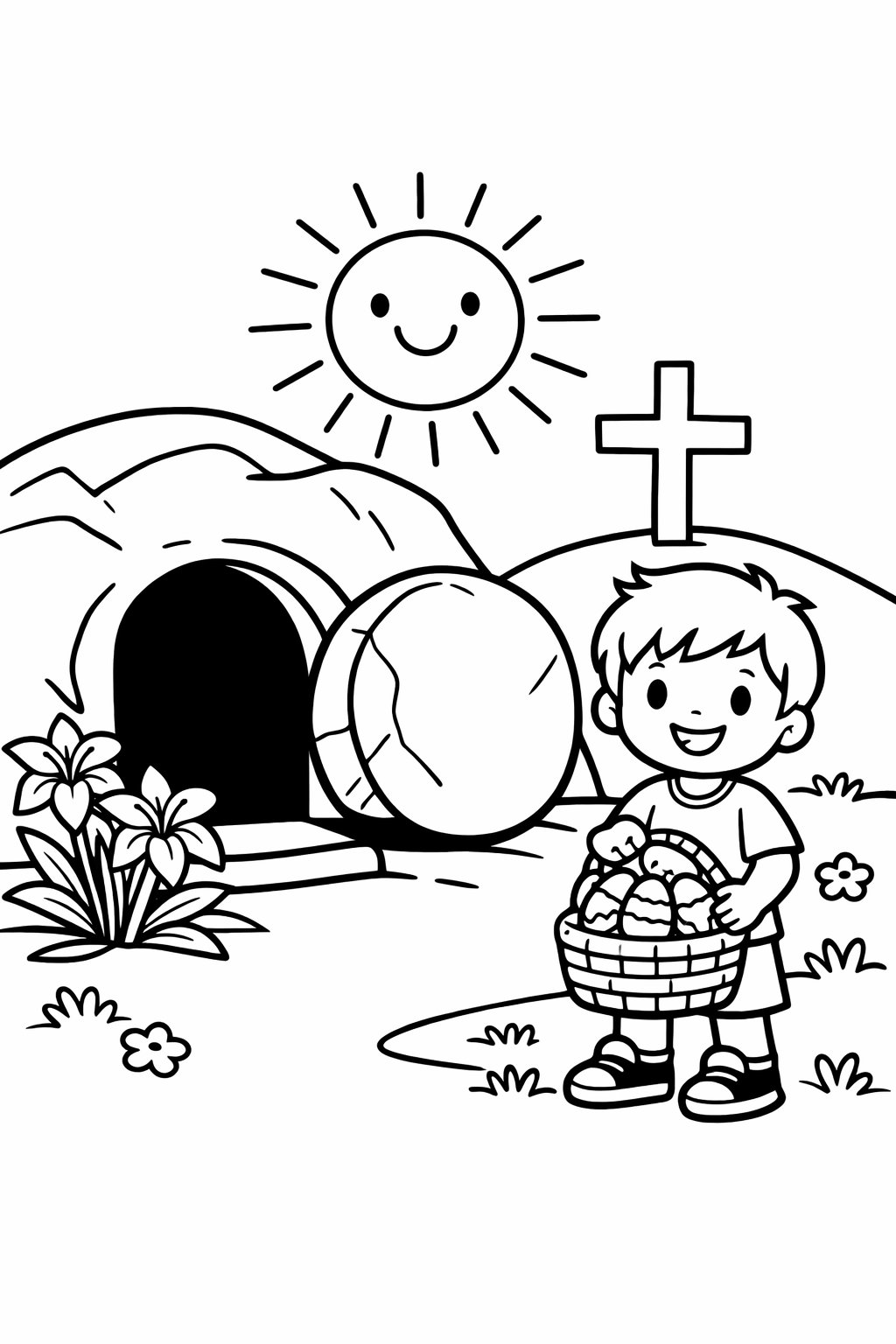 A child holding an Easter basket stands near an empty tomb with a cross and lilies, under a shining sun.