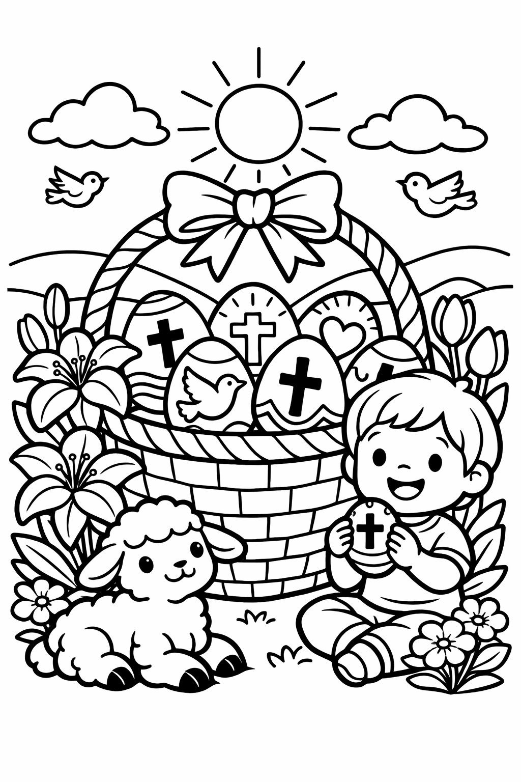 A child holding an Easter egg next to a basket filled with decorated eggs and surrounded by flowers and a small lamb.