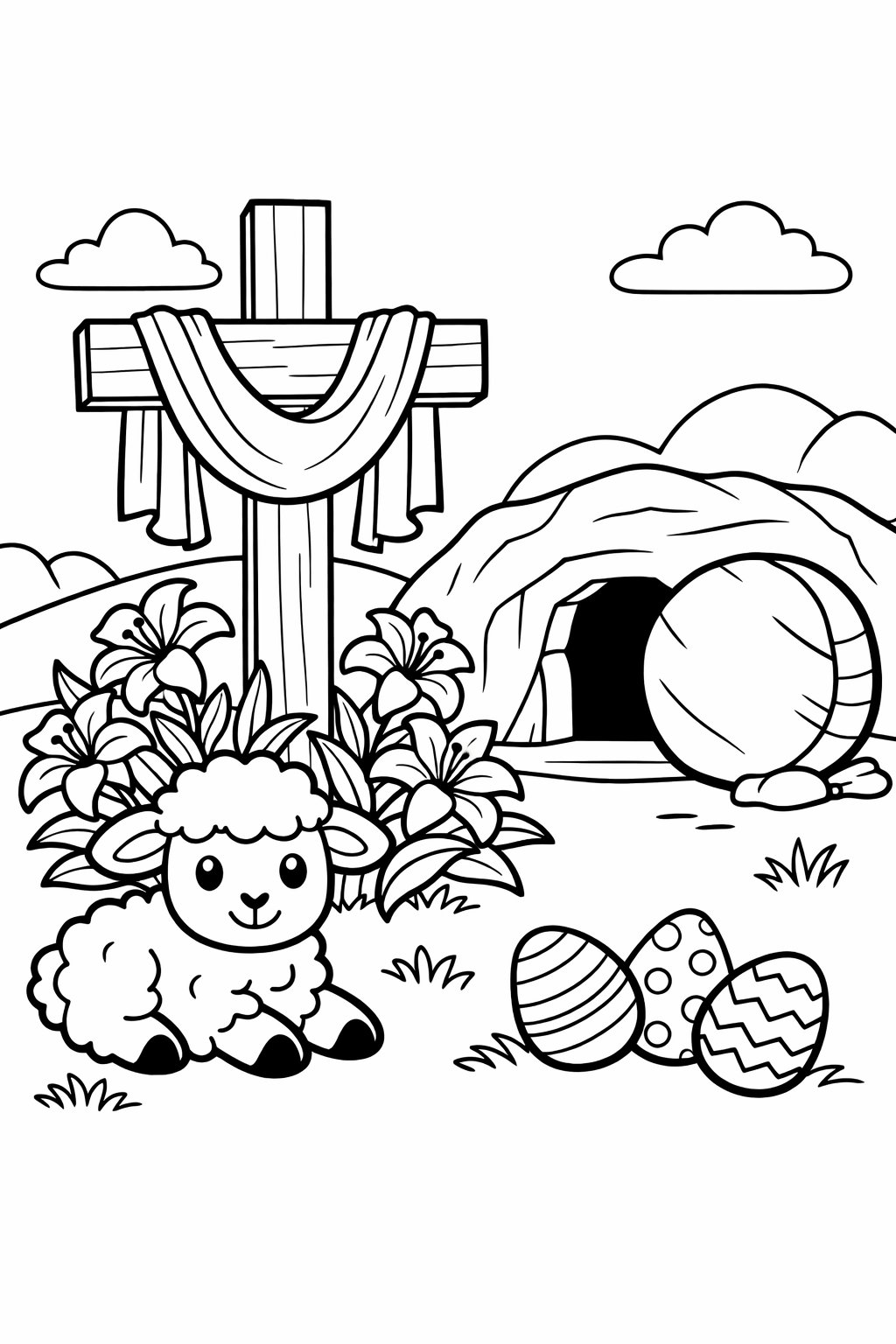 A cross draped with cloth standing beside an empty tomb with the stone rolled away, surrounded by lilies, Easter eggs, and a small lamb.