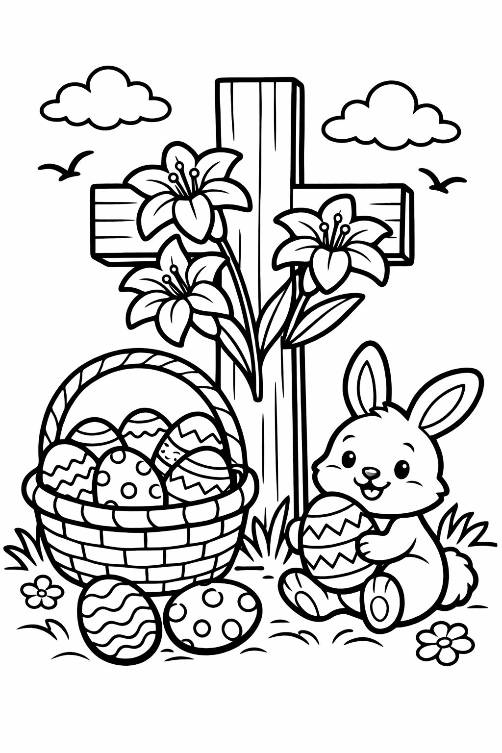 A large Easter cross with lilies, a basket of decorated Easter eggs, and a happy bunny holding an egg.