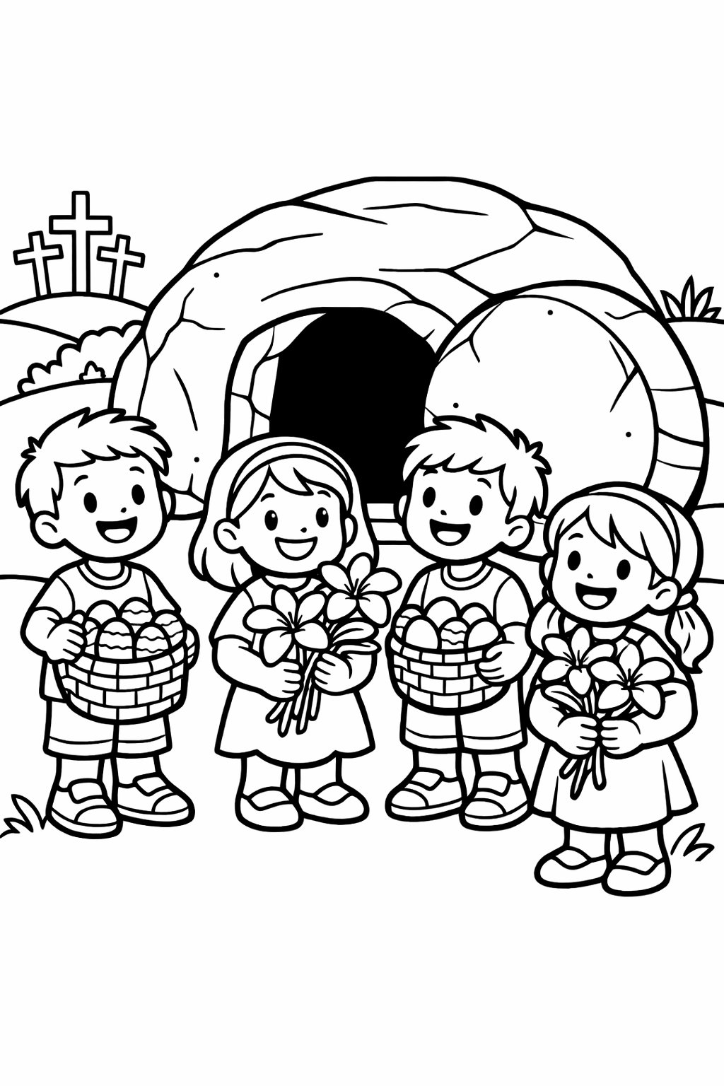 Children gathered around an empty tomb with the stone rolled away, holding Easter lilies and baskets of eggs.