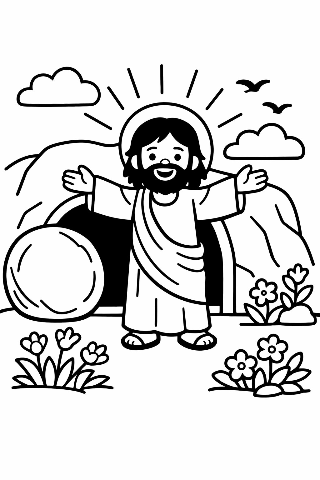 Jesus rising from the tomb with the stone rolled away, surrounded by flowers.