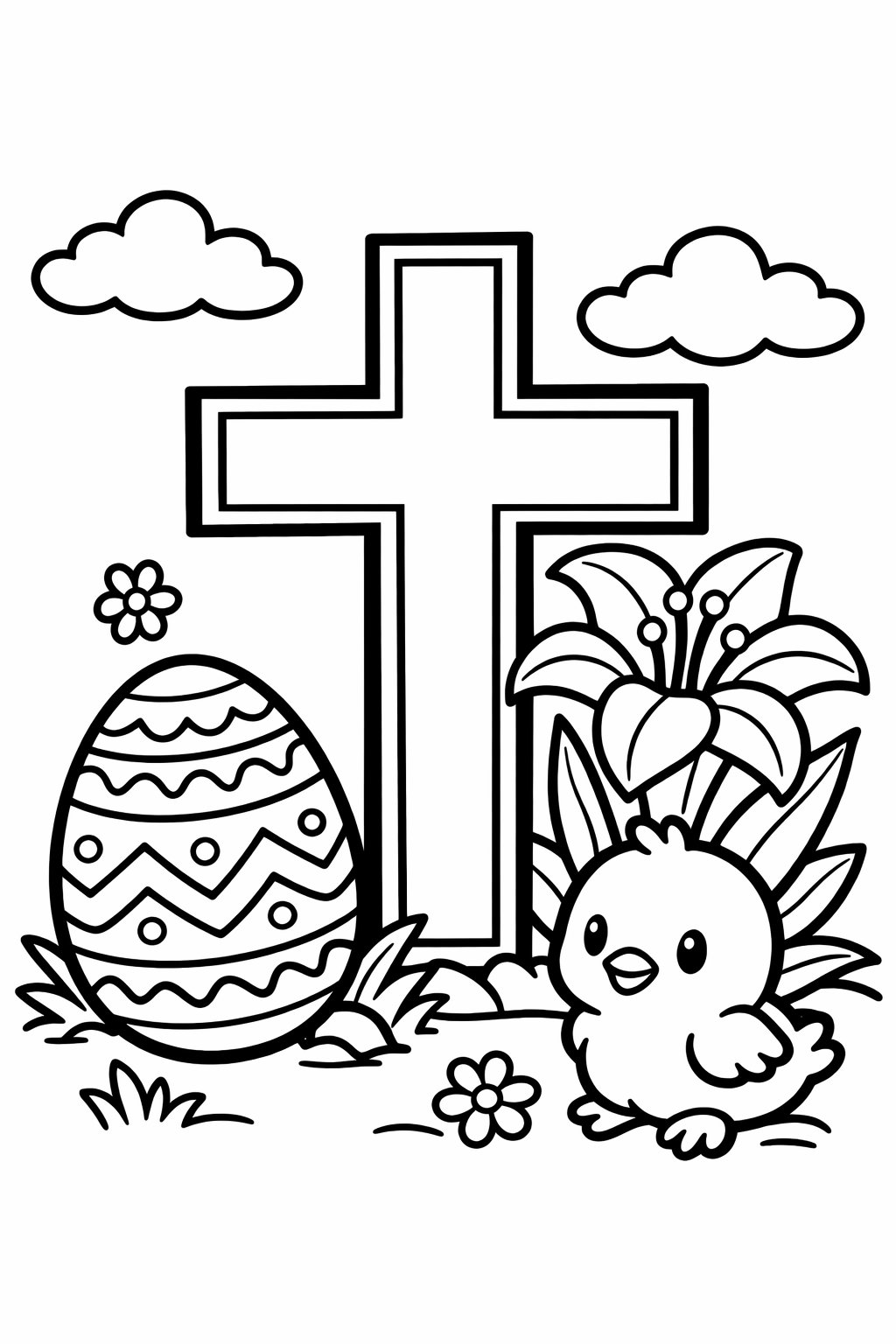 A large cross surrounded by an Easter egg, a lily flower, and a small chick.