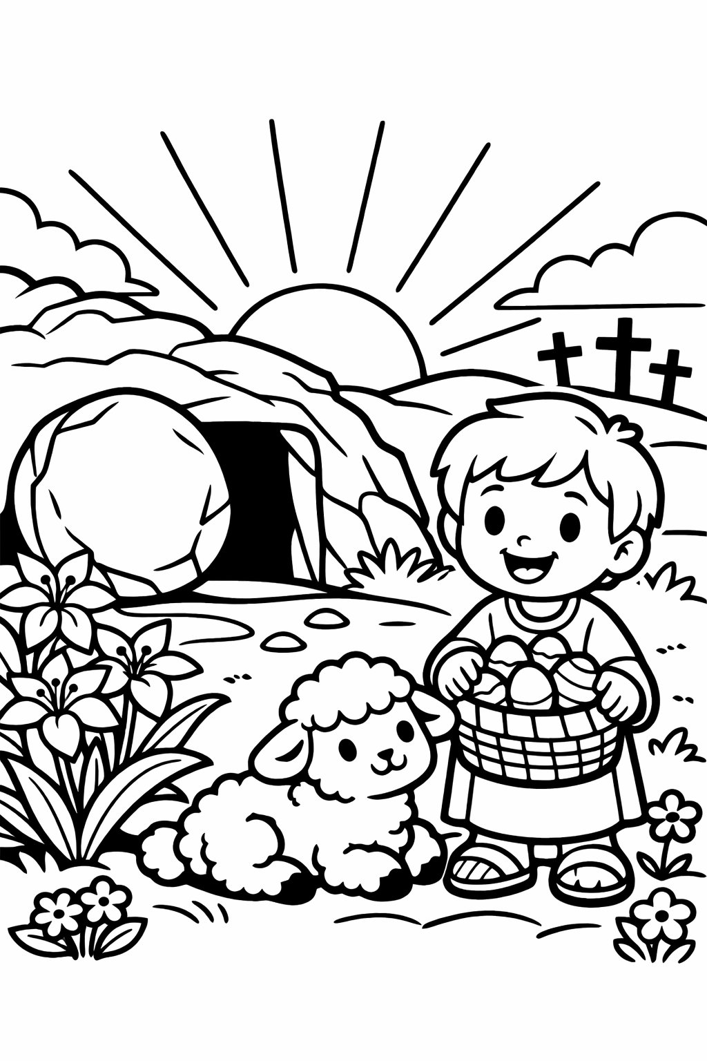 A child holding an Easter basket stands near an empty tomb with the stone rolled away, surrounded by lilies and a lamb, with the sun rising in the background.