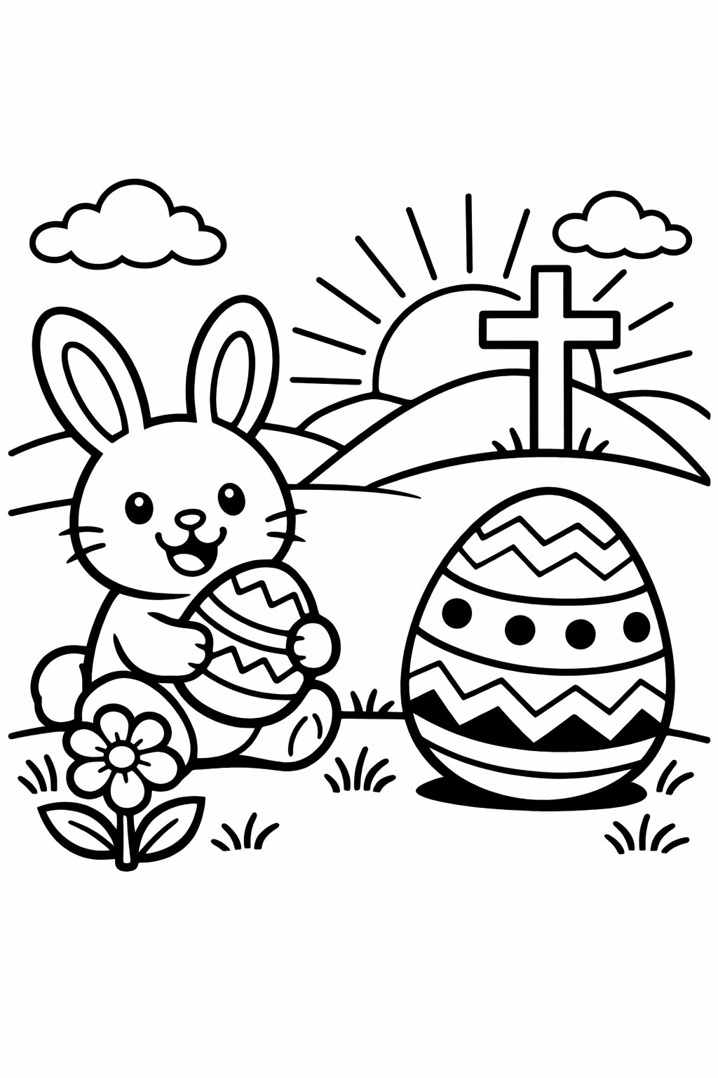 A joyful Easter scene with a bunny holding an Easter egg, a large decorated egg, a flower, and a cross on a hill with a rising sun in the background.