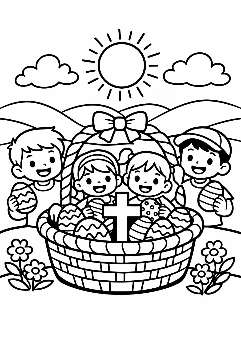 Children gathered around an Easter basket with decorated eggs and a cross, outdoors with hills and a sun in the sky.