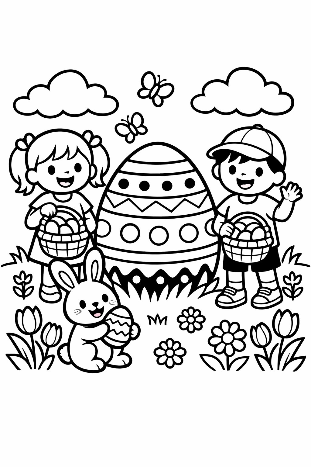 Children holding Easter baskets with eggs, a bunny, a large decorated Easter egg, and spring flowers.