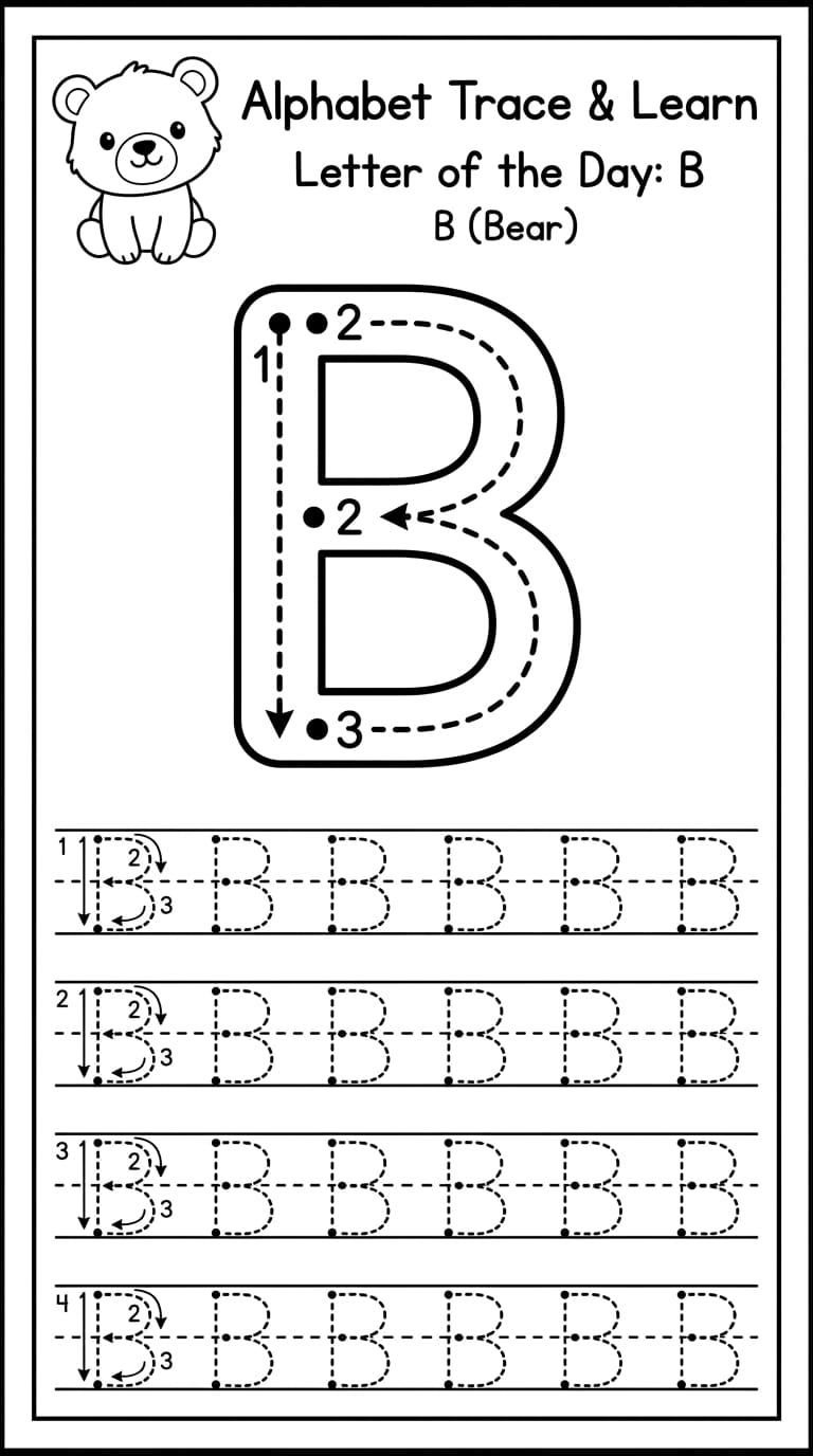 Free Letter B Coloring and Tracing Worksheet