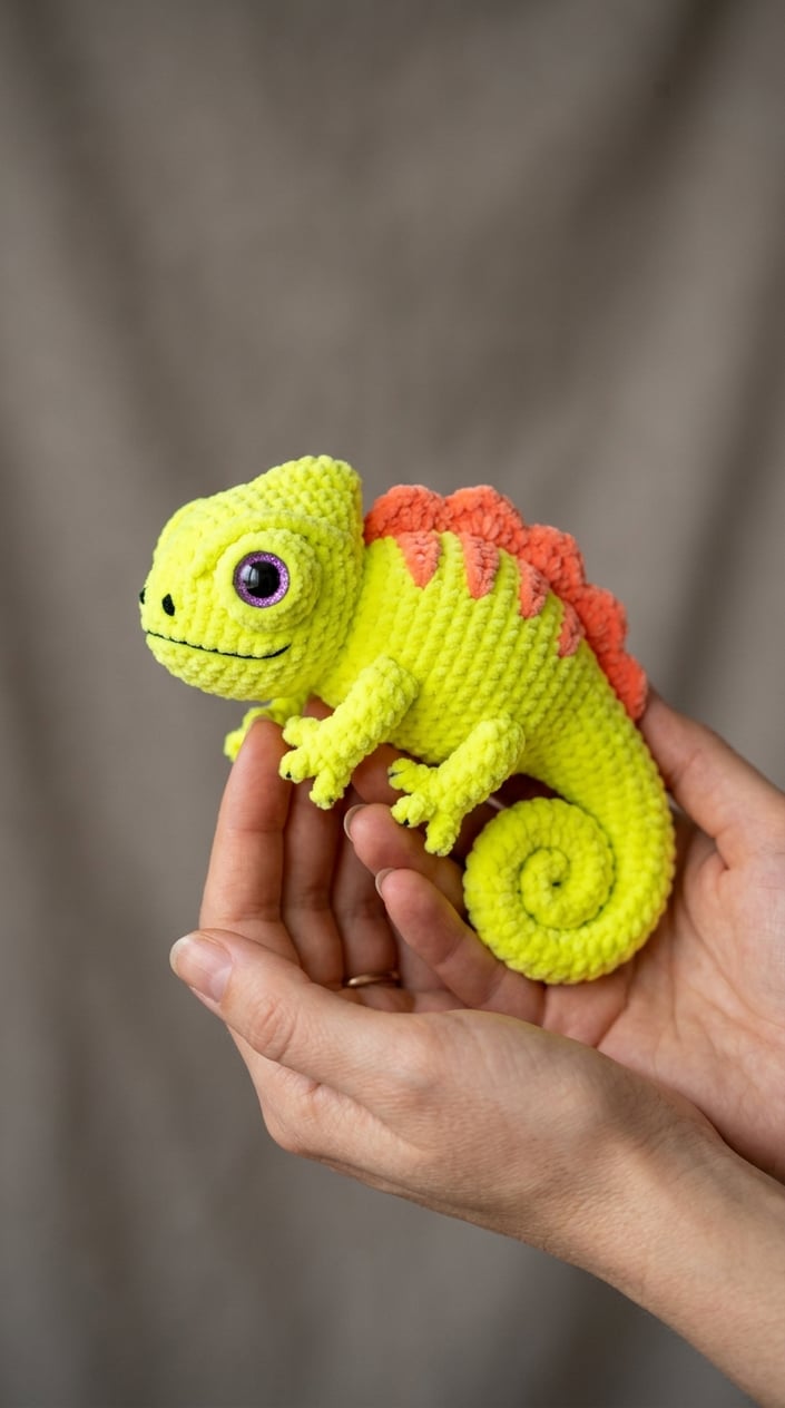 neon yellow plush velvet amigurumi chameleon