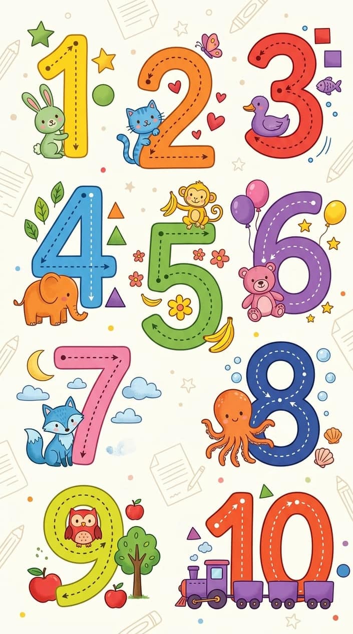 Illustration showing numbers one to ten with dotted lines for tracing, accompanied by small animals and colorful shapes on a light background.