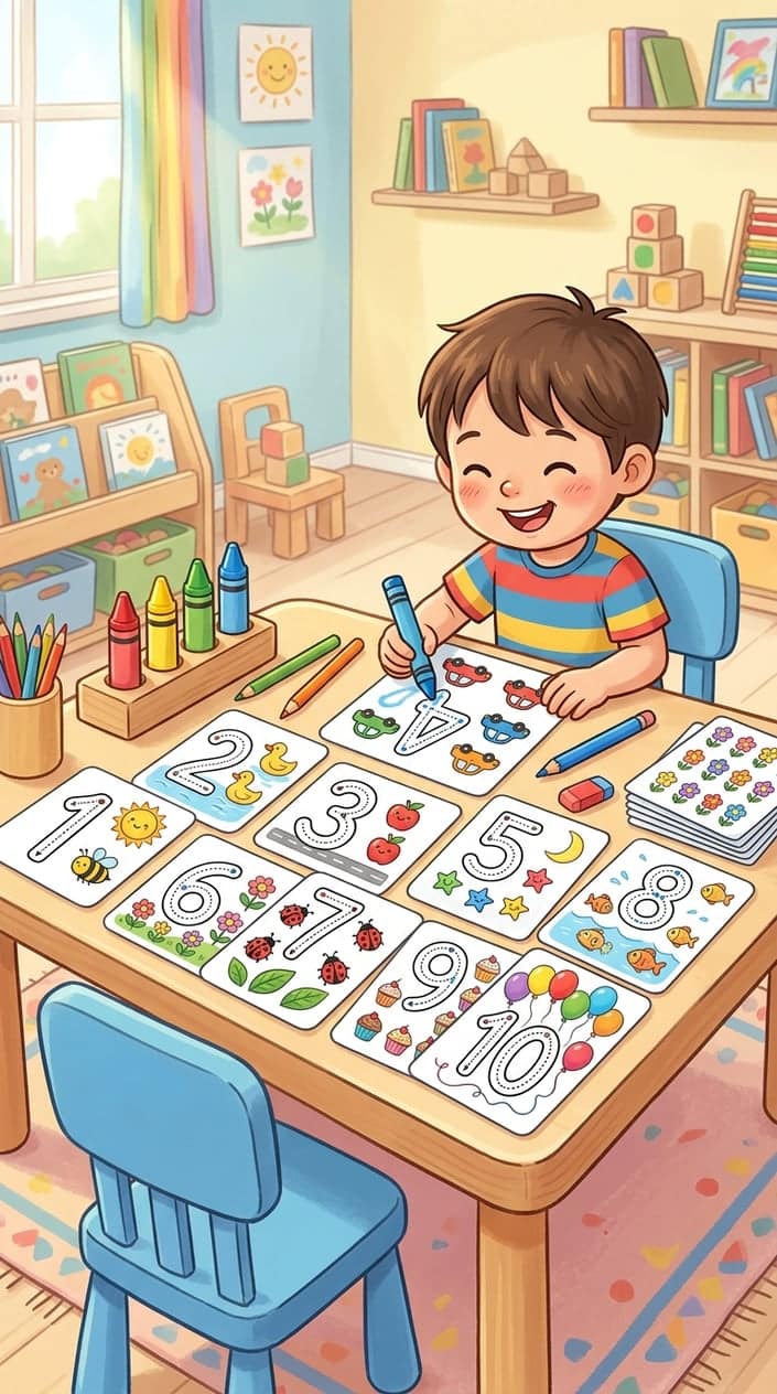 A child-friendly workspace with tracing worksheets showing numbers 1 to 10 and colorful illustrations of animals and toys, along with crayons and pencils nearby.