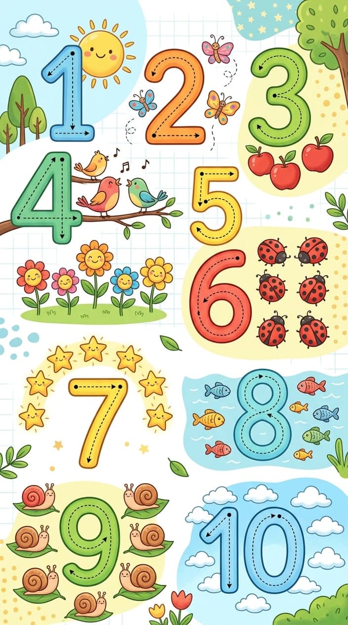 Colorful illustration showing numbers one to ten with tracing guides and matching animals or objects for each number.