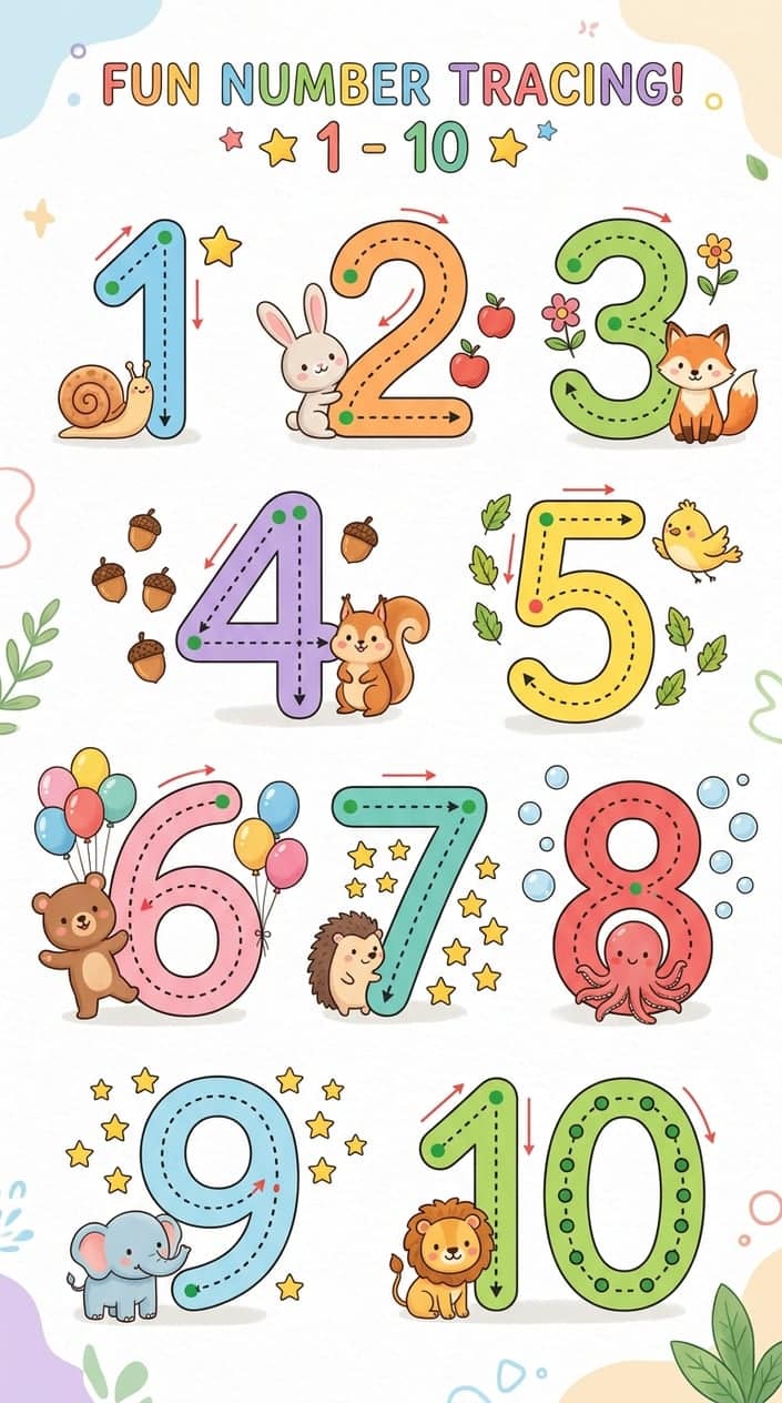 A colorful illustration showing numbers 1 to 10 with dotted outlines for tracing, surrounded by friendly cartoon animals and playful decorations.
