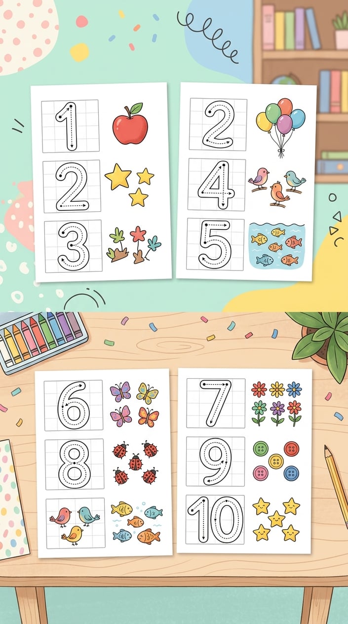 A set of number tracing sheets showing numbers one to ten with matching simple icons for each number, arranged on a clean, colorful background.
