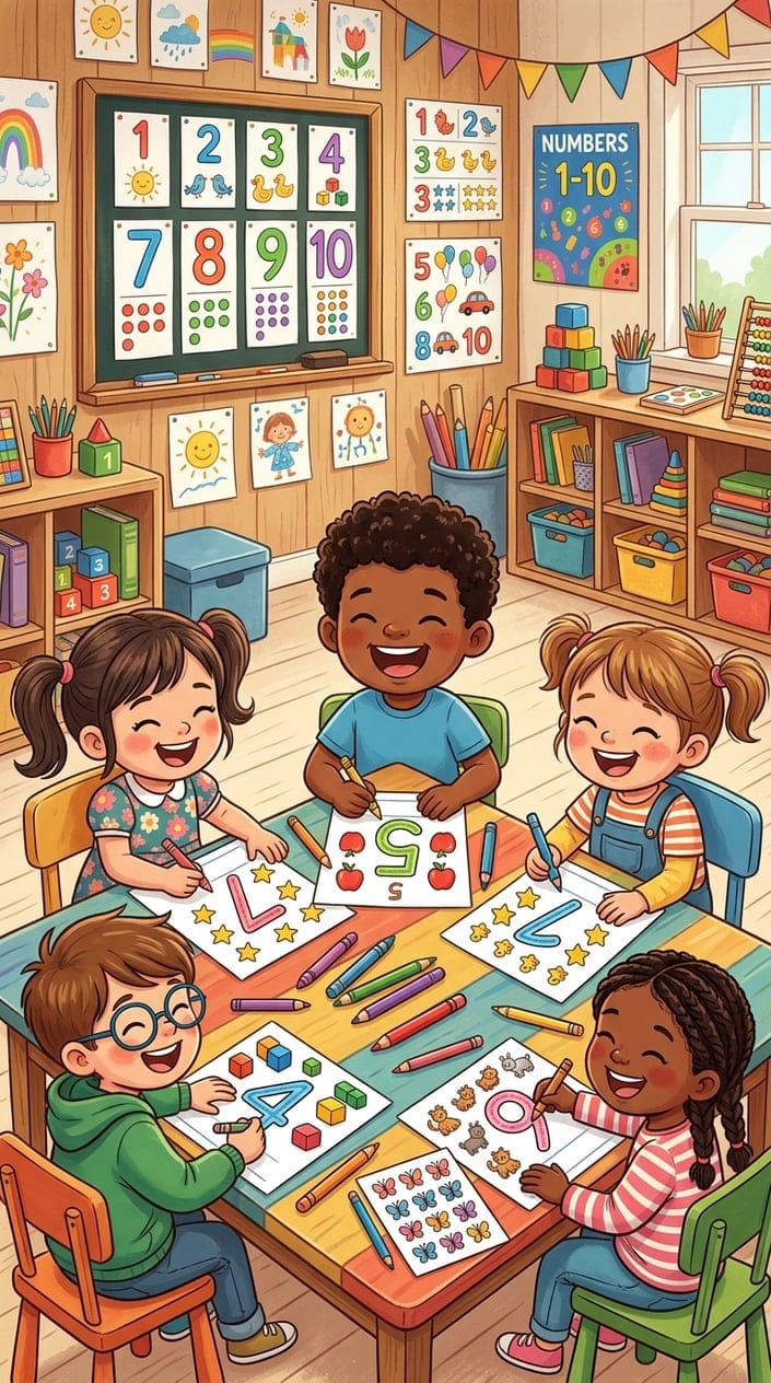Children in a classroom happily tracing numbers from 1 to 10 on worksheets surrounded by counting objects and educational materials.