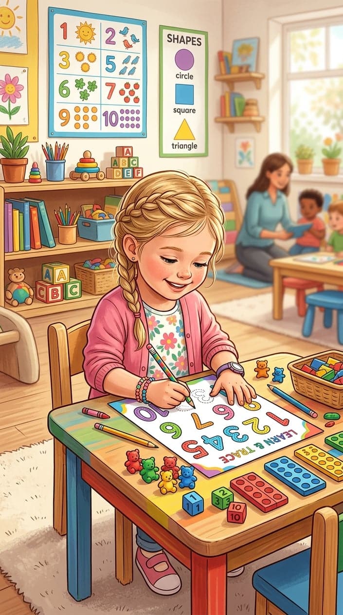 A young child tracing numbers 1 to 10 on a worksheet at a table in a bright preschool classroom with educational toys and materials around.