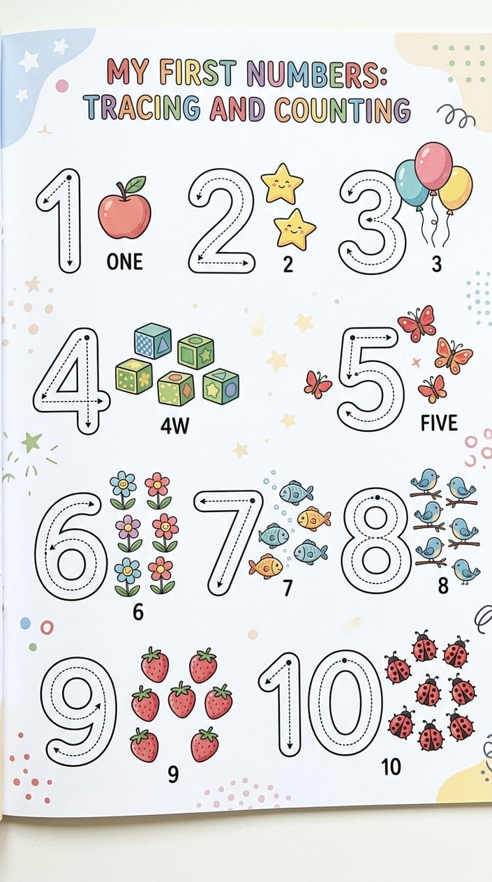 A bright and cheerful illustration showing numbers one to ten with dotted lines for tracing and related counting objects for preschool children.