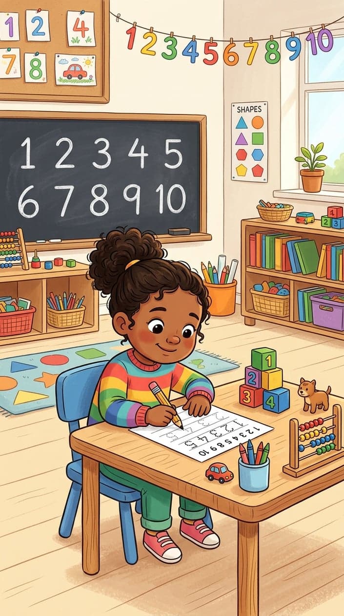 A young child tracing numbers on a worksheet at a desk in a bright preschool classroom with number blocks and educational toys around.