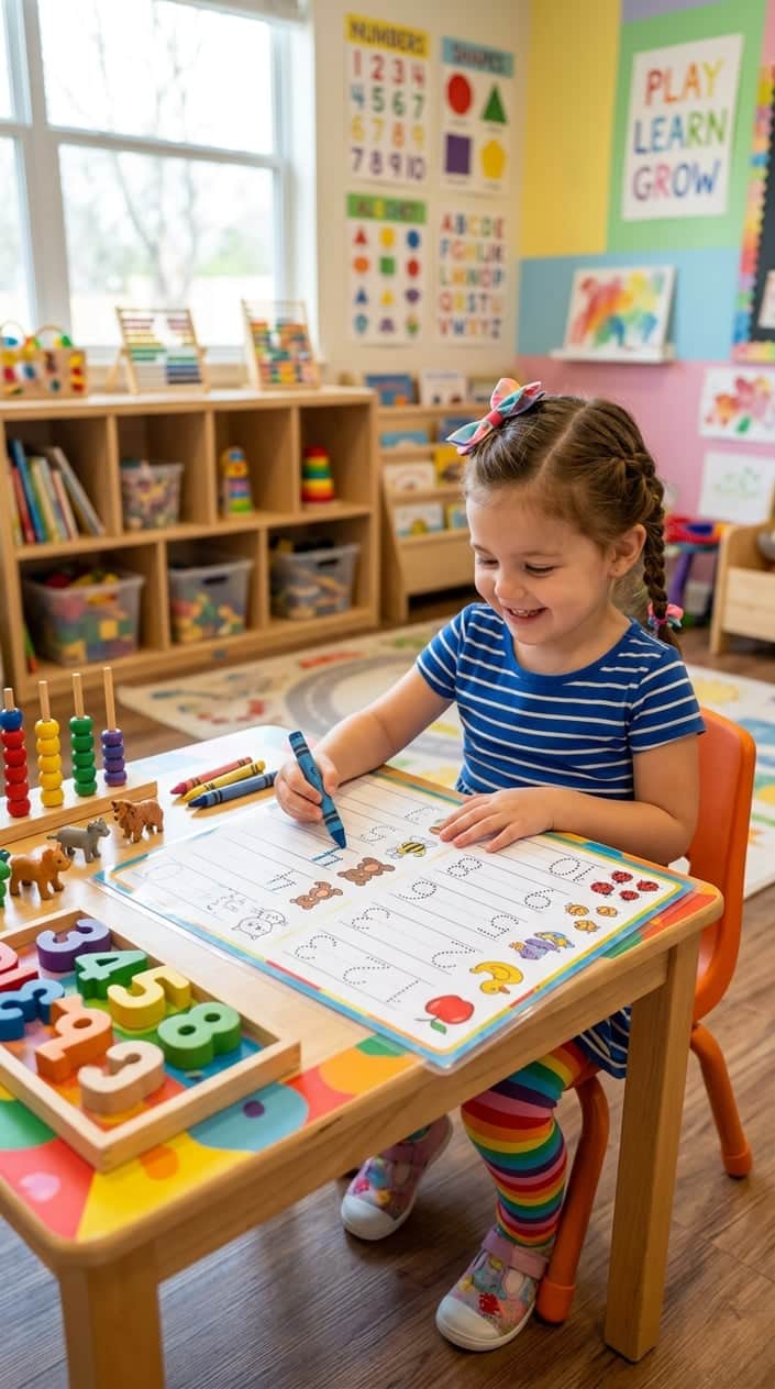 A young child tracing numbers on a worksheet at a colorful table with number-themed toys and pictures around in a bright preschool classroom.