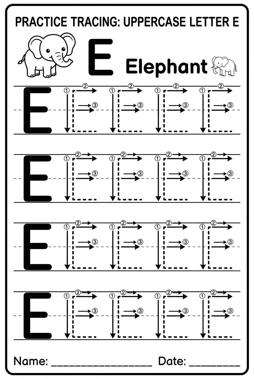 Free Uppercase Letter E Tracing Worksheet