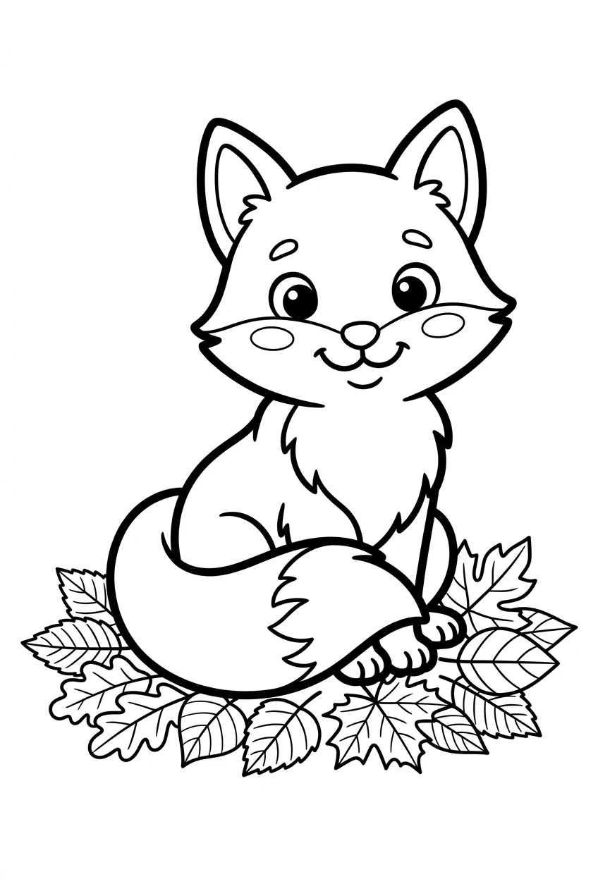 Fox Sitting in a Pile of Autumn Leaves Coloring Page