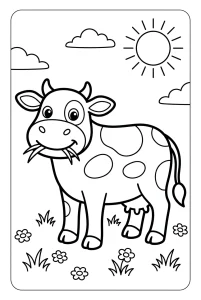 Cow Grazing in a Sunny Meadow Coloring Page