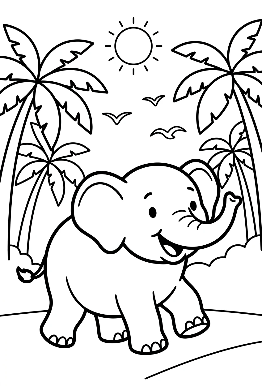Easy Elephant Coloring Page in the Jungle