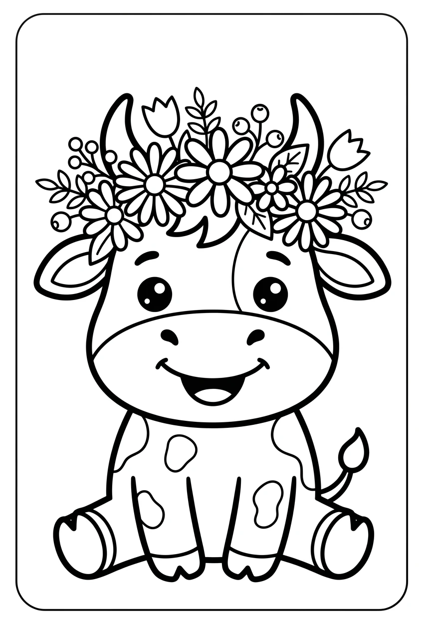 Cow Wearing a Flower Crown Coloring Page