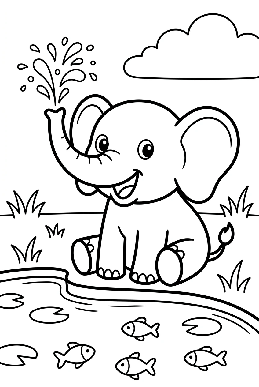 Fun Elephant Coloring Page Playing in Water