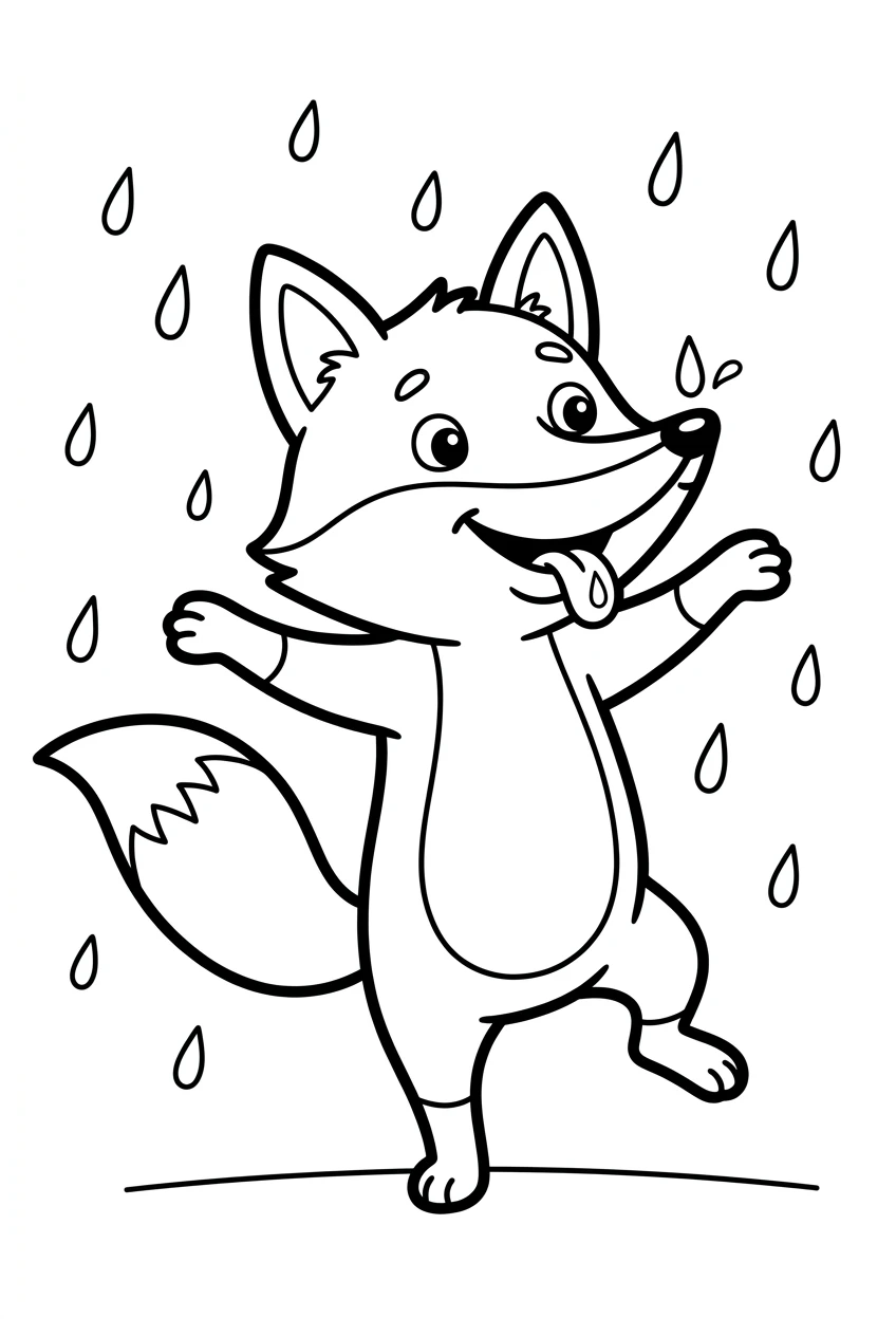 Fox Dancing in the Rain Coloring Page