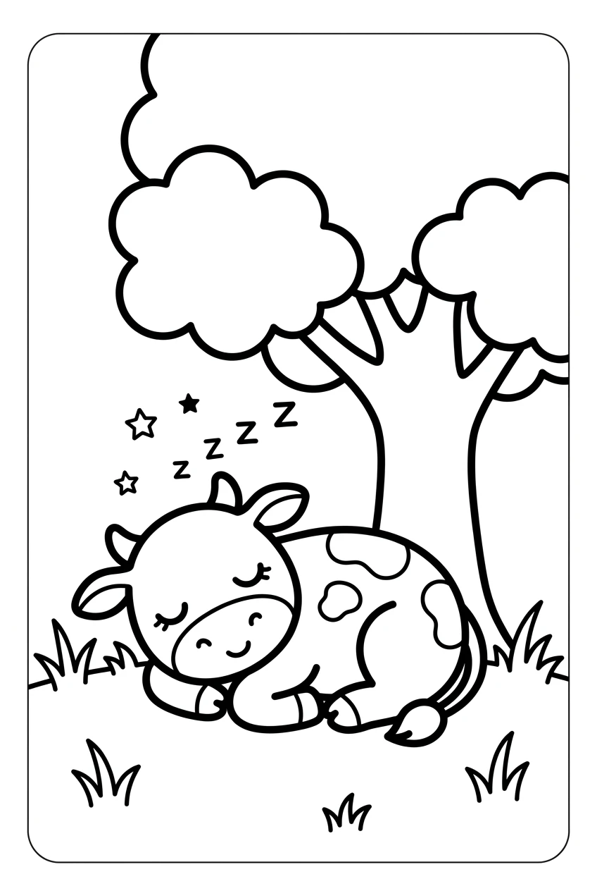 Baby Cow Sleeping Under a Tree Coloring Page