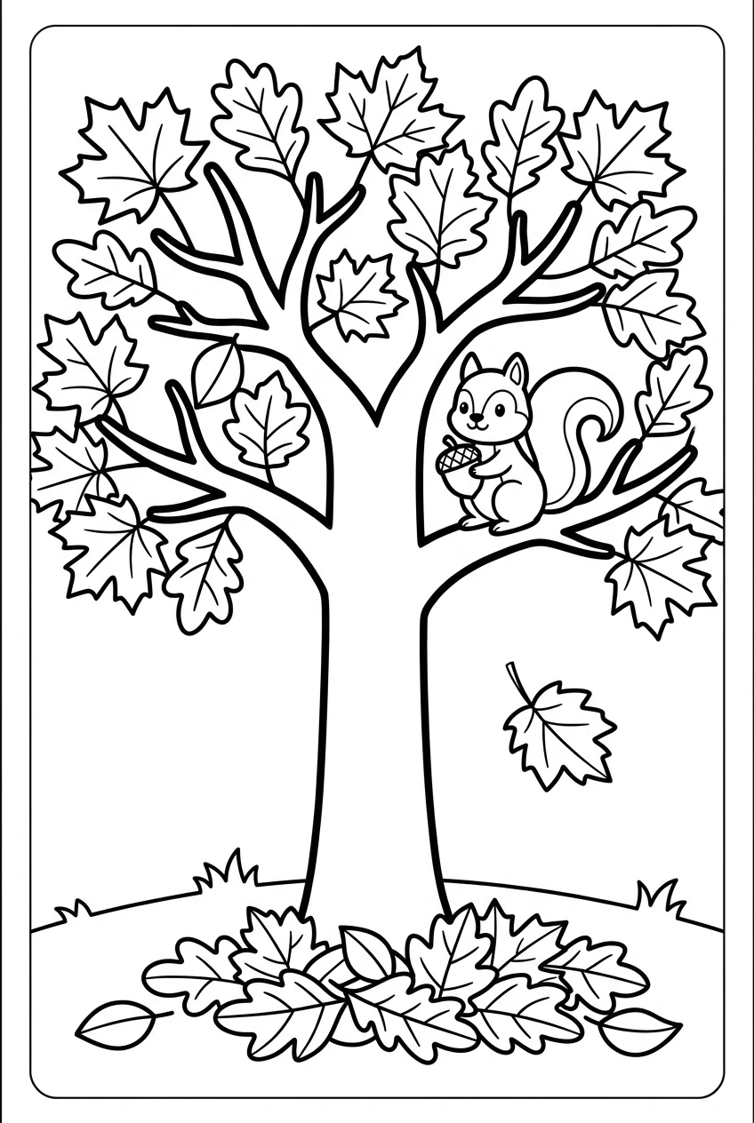 Fun Fall Tree Coloring Page with Autumn Leaves