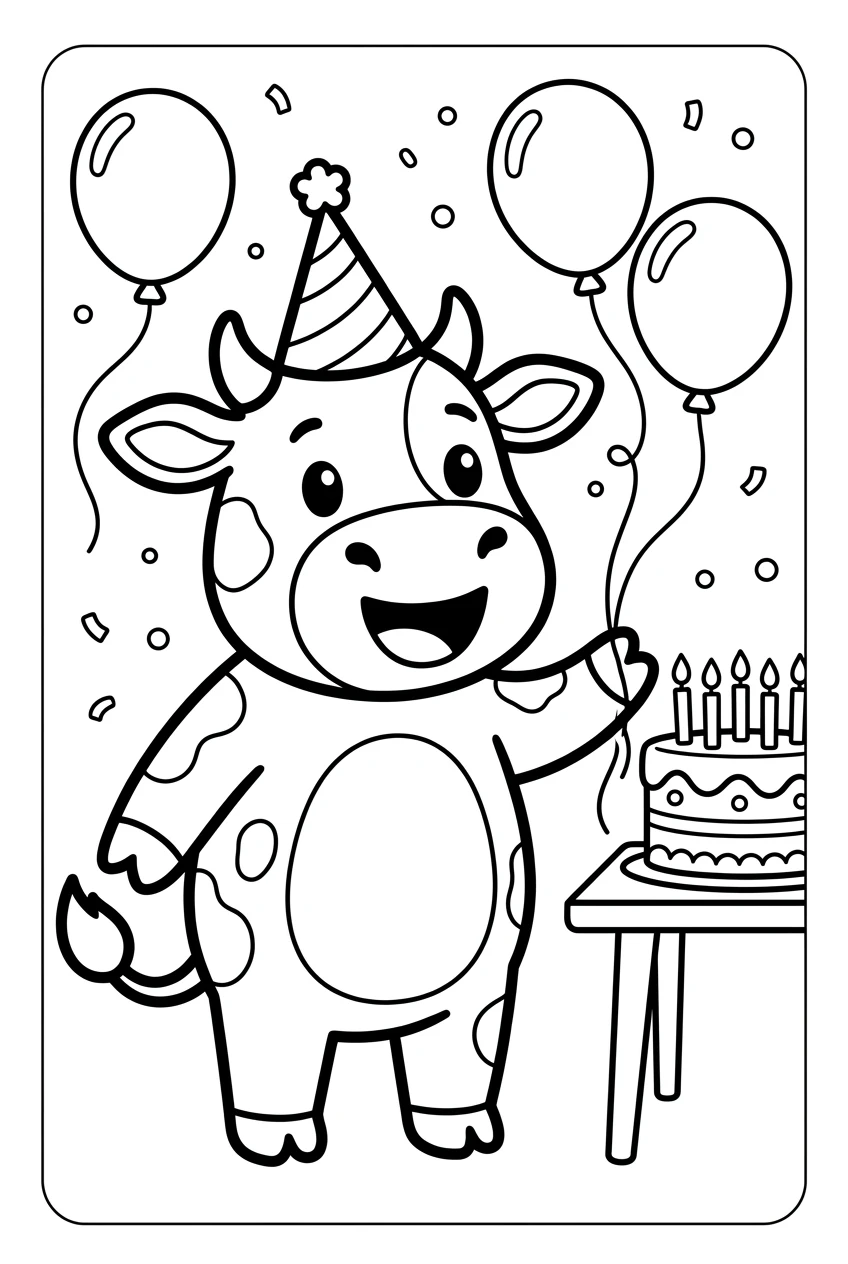 Cow at a Birthday Party Coloring Page