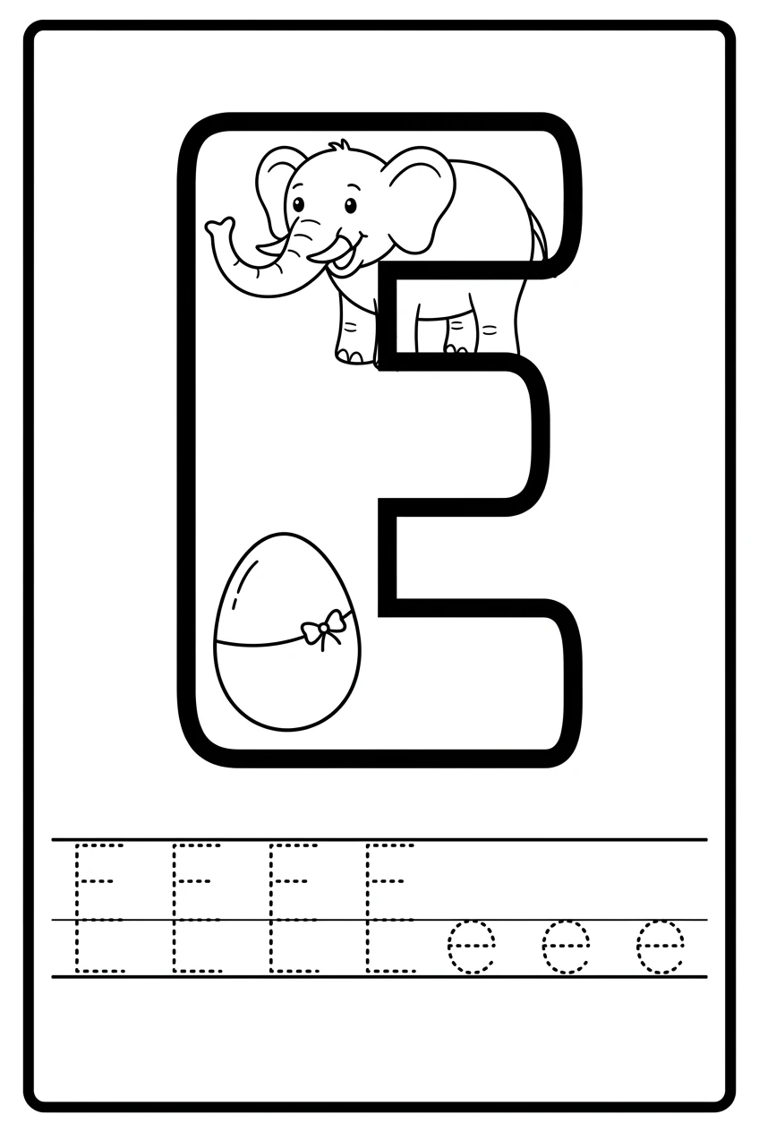 Free Letter E Coloring and Tracing Worksheet