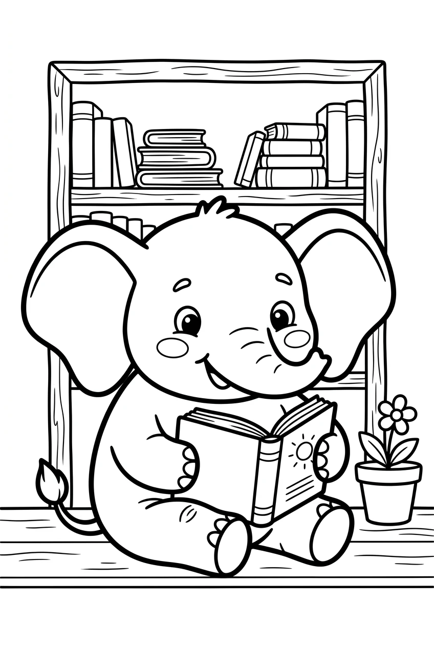 Cute Elephant Coloring Page Reading a Book