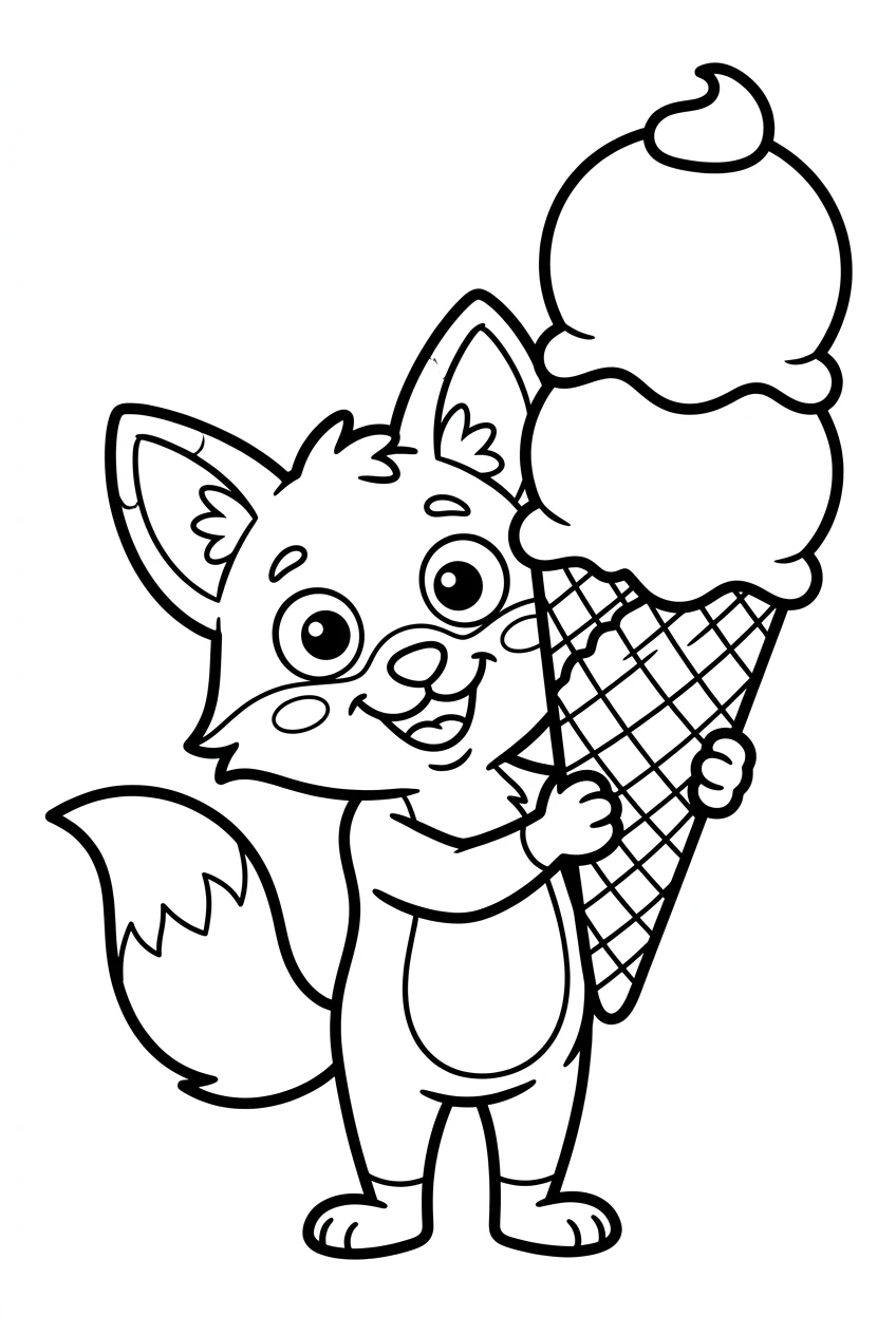 Fox Holding a Big Ice Cream Cone Coloring Page