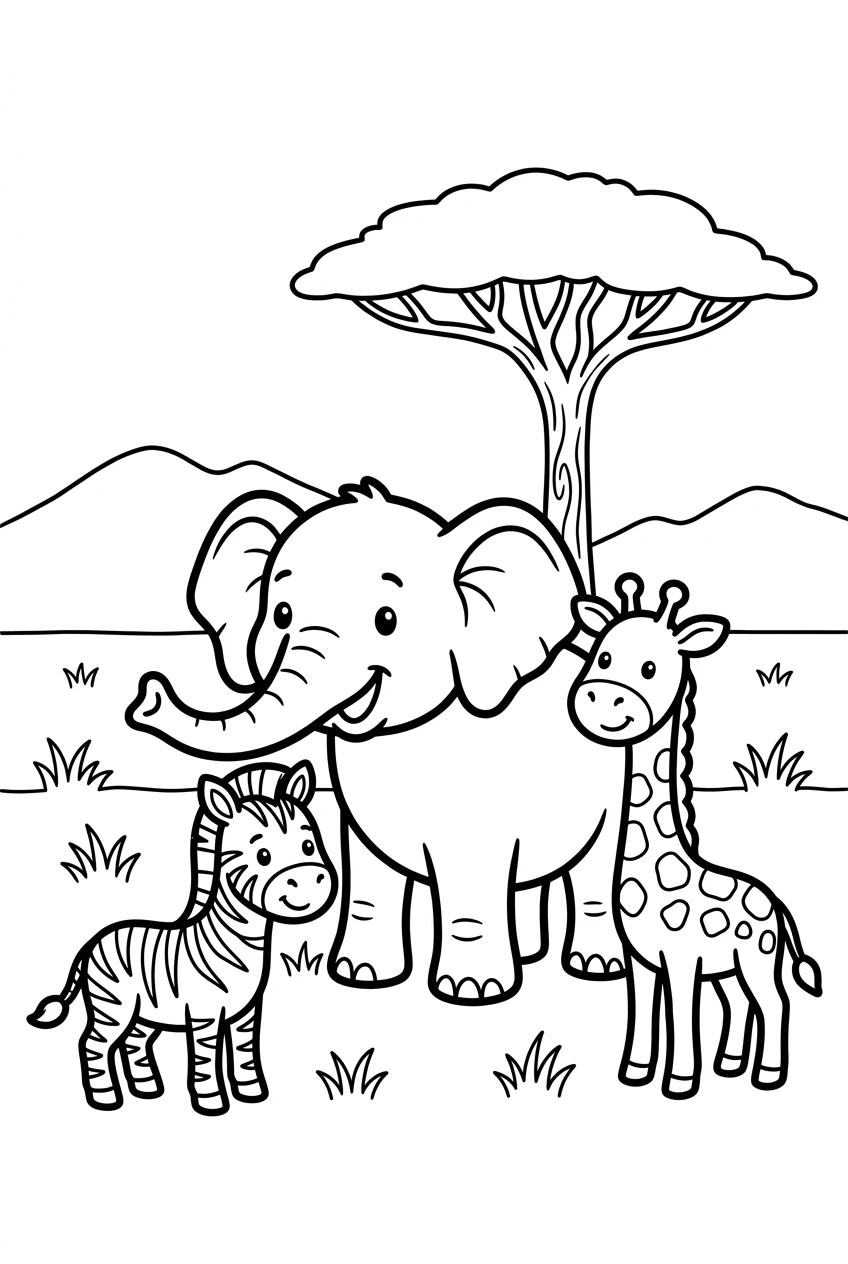 Advanced Elephant Coloring Page with Safari Friends