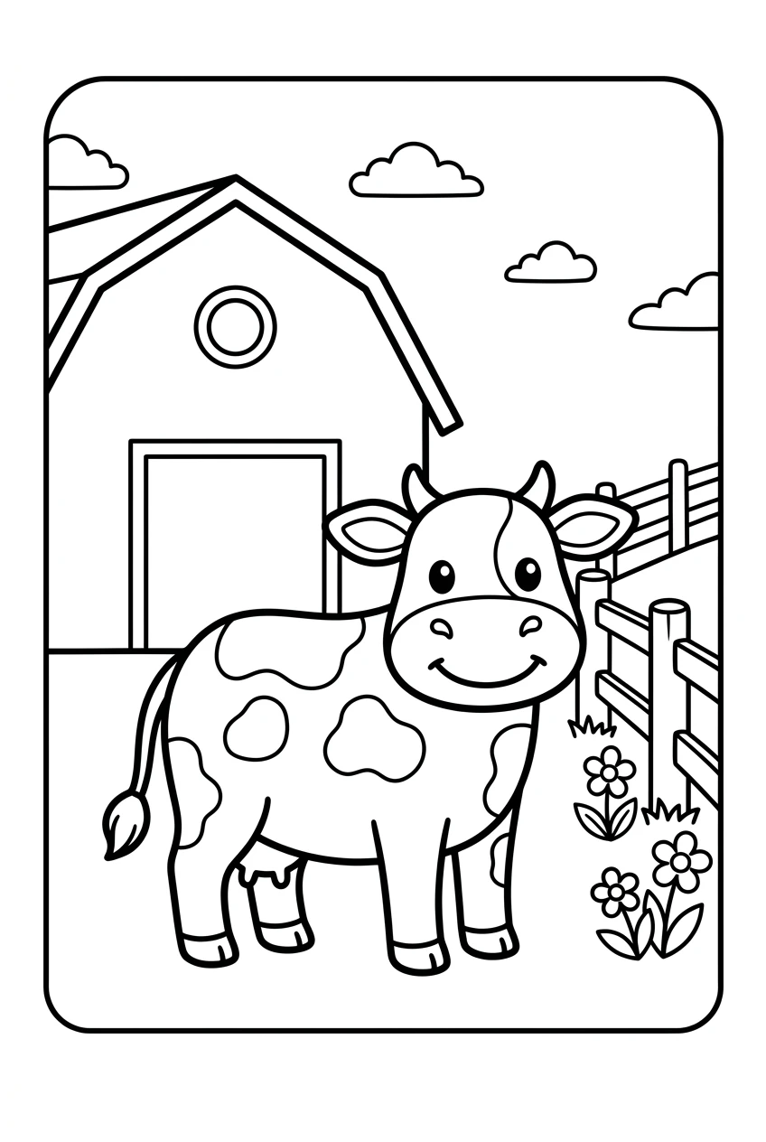 Cow on a Farm with a Red Barn Coloring Page