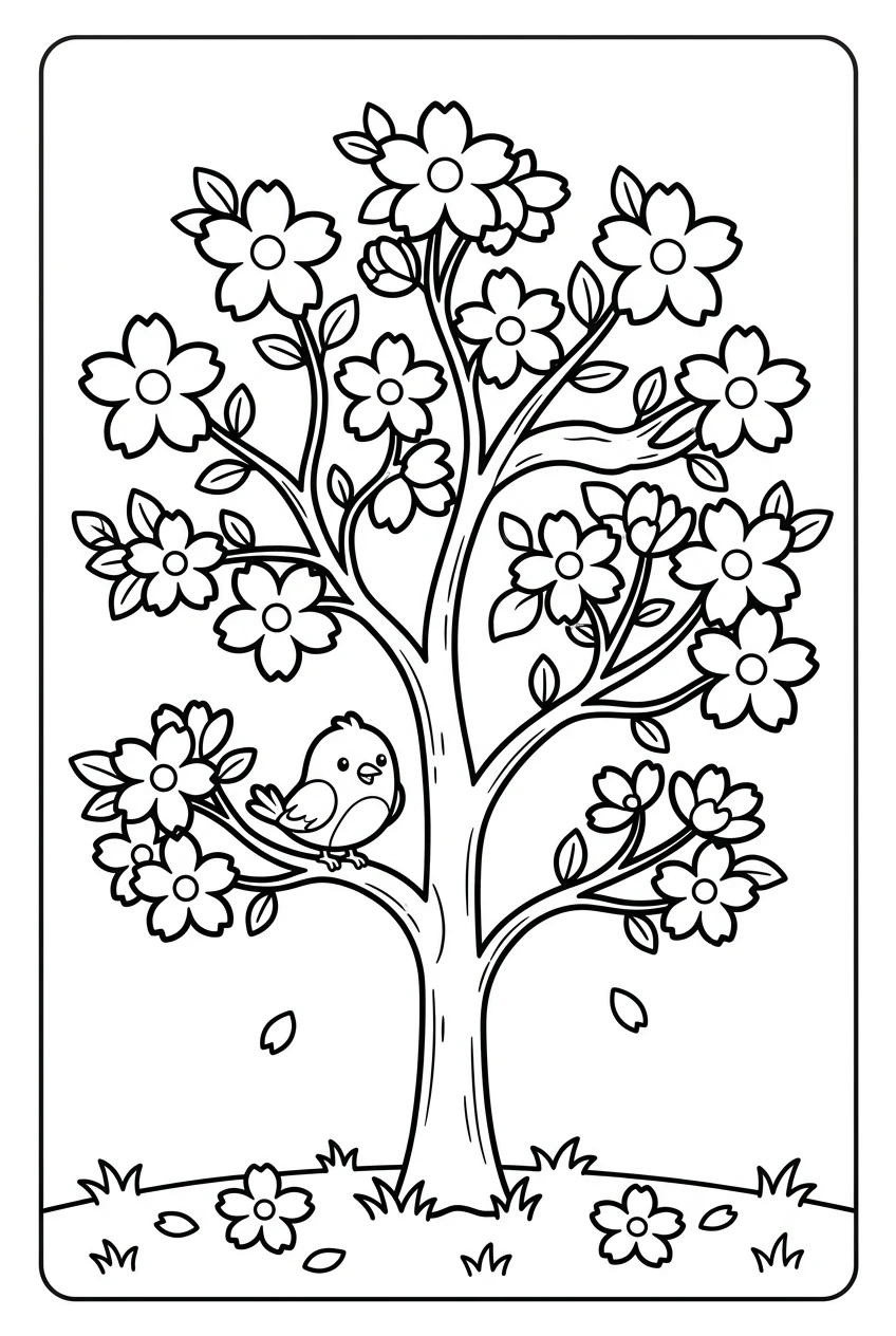 Basic Springtime Blossom Tree Coloring Page