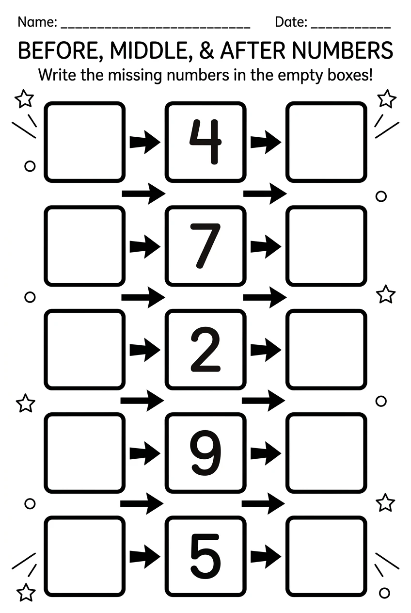 Free Addition Before and After Number Worksheets