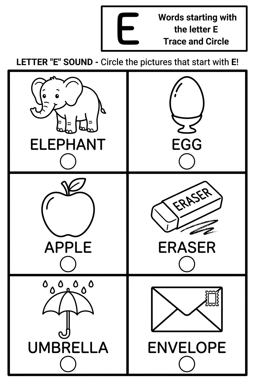 Free Letter E Beginning Sound Worksheet