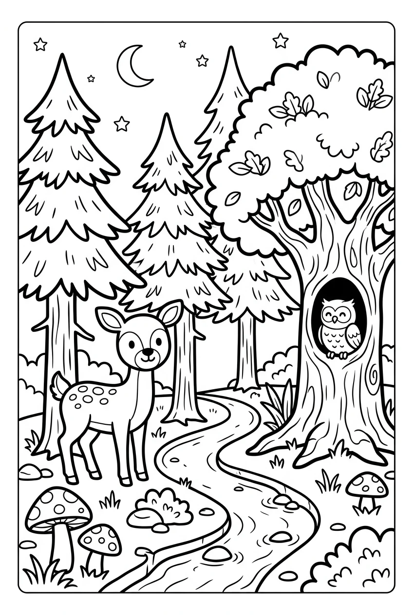 Advanced Forest Scene Tree Coloring Page for Older Kids