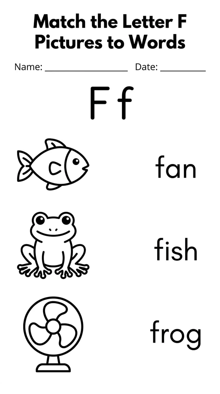 Letter F Picture and Word Matching Worksheet