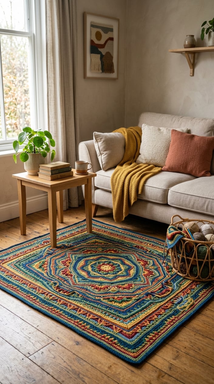 A cozy living room corner with a colorful crochet carpet on a wooden floor, next to a sofa and a small coffee table with a plant.