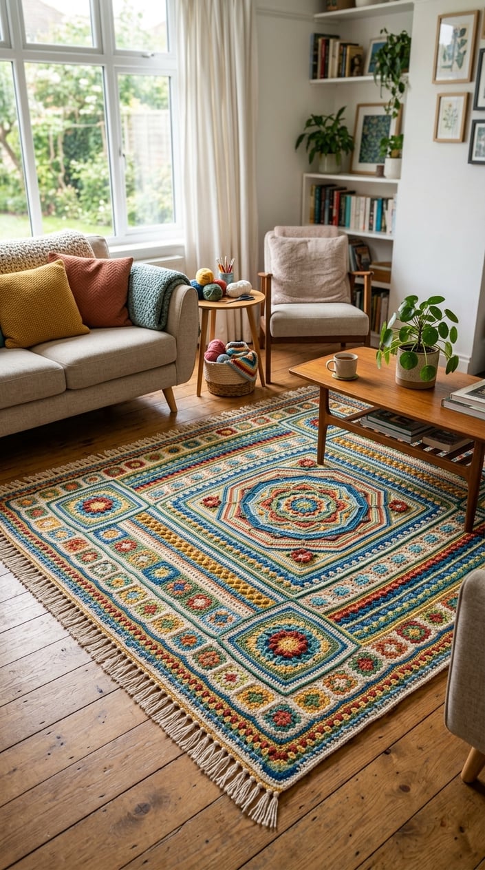 Living room with a colorful crochet carpet on the wooden floor, surrounded by a sofa, coffee table with a plant, and natural light from a window.
