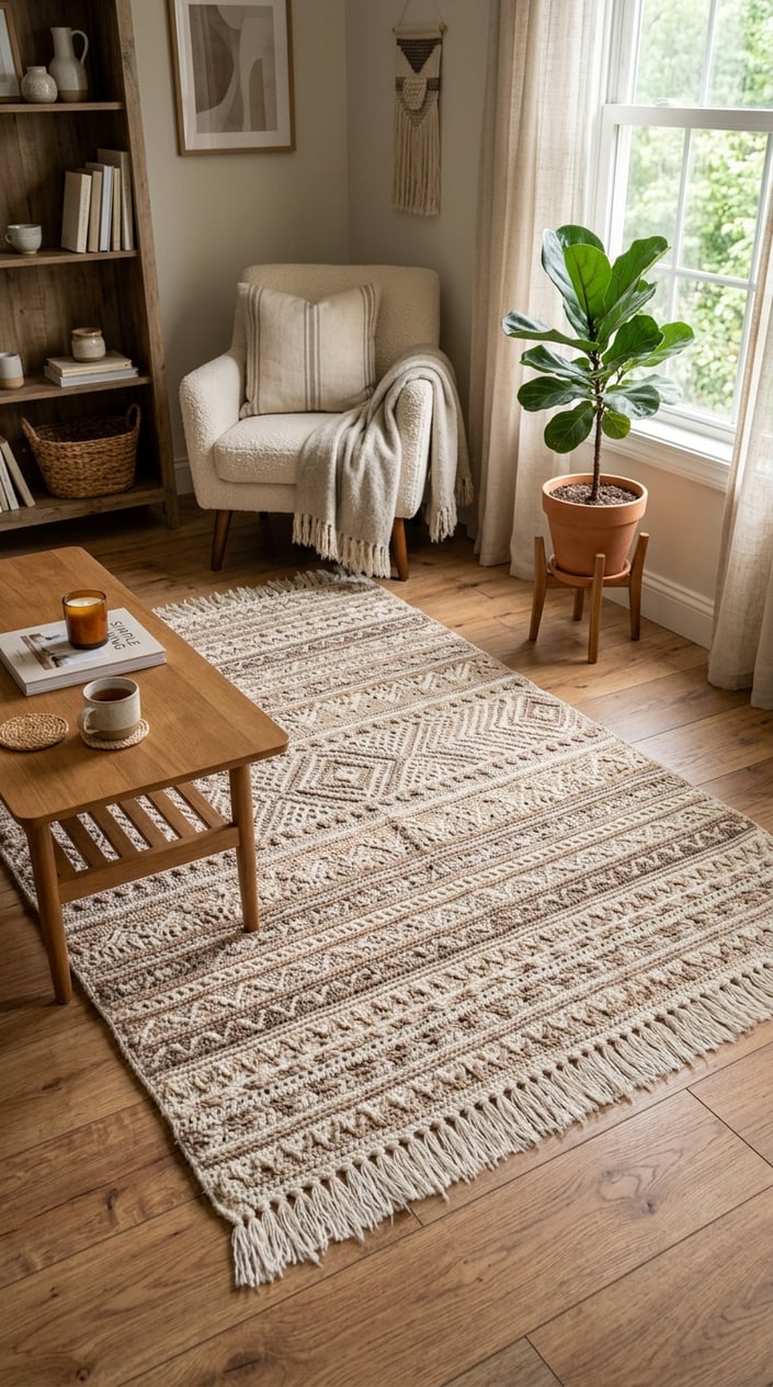 A cozy room with a crochet fringe rug on a wooden floor, a wooden coffee table, and a green plant near a window.