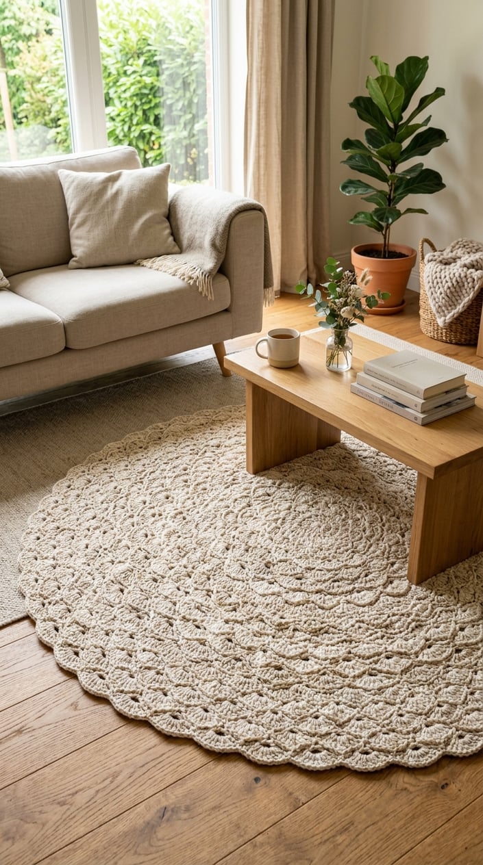 A crochet carpet with a textured shell stitch pattern displayed on a wooden floor in a bright living room.