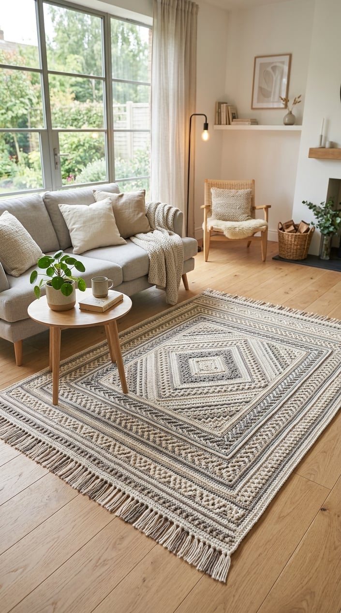 A living room with a crochet carpet featuring geometric patterns on a wooden floor, surrounded by a sofa, coffee table, and natural light.